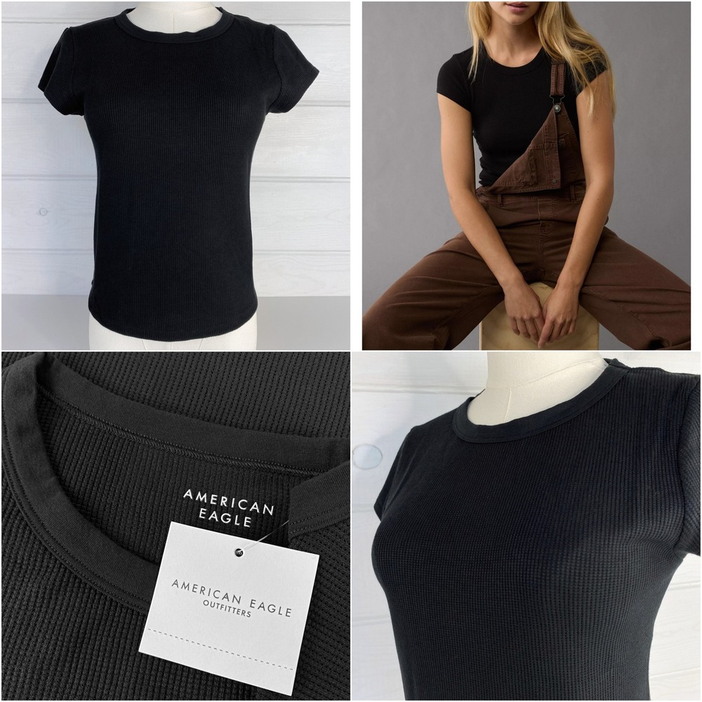 American Eagle AE Waffle T-Shirt Layering Tee L Black Stretch Base Layer 90s Y2K